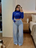 Calça Wide Leg 100% Algodão – Lavagem Clara